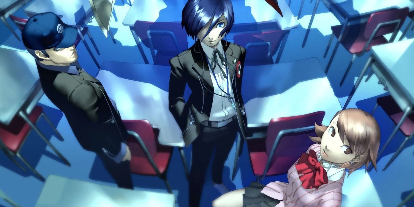 Some of the main characters, including the protagonist, of Persona 3 in a blue-lit classroom.