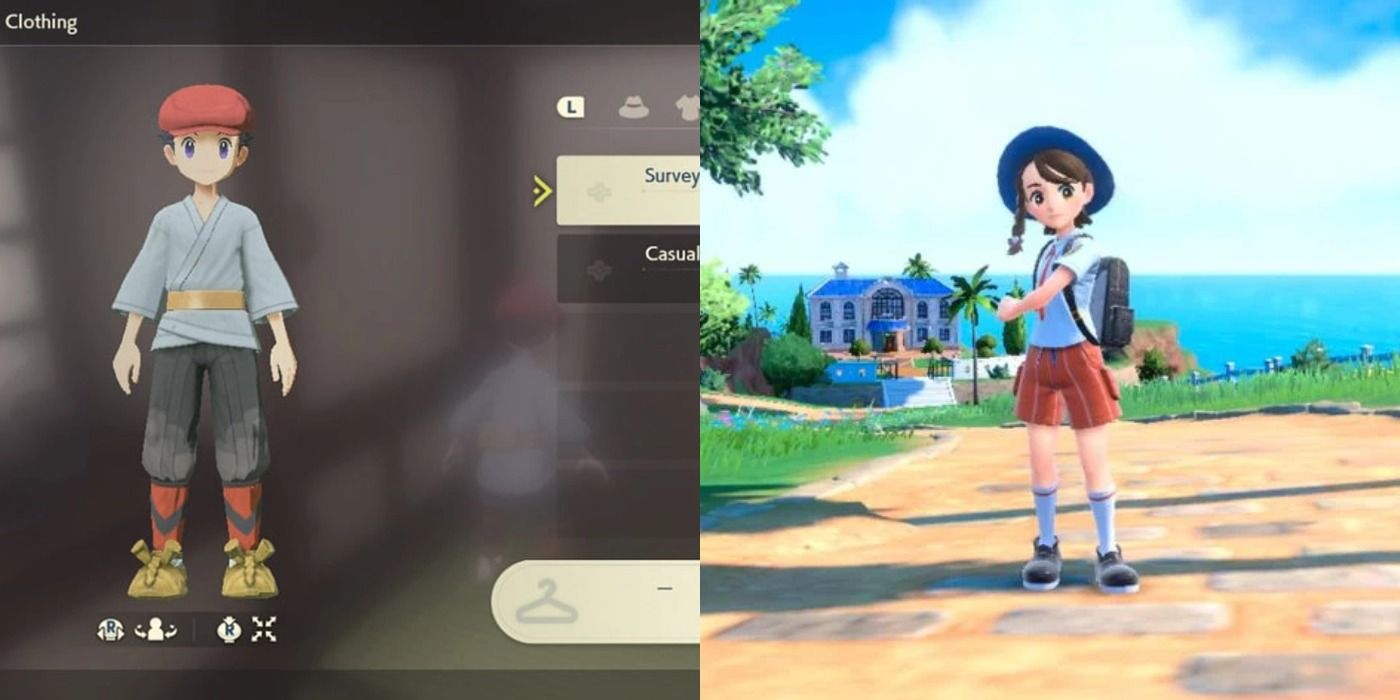 Split image of clothing customization in Pokemon Legends and the female protagonist in Scarlet and Violet.