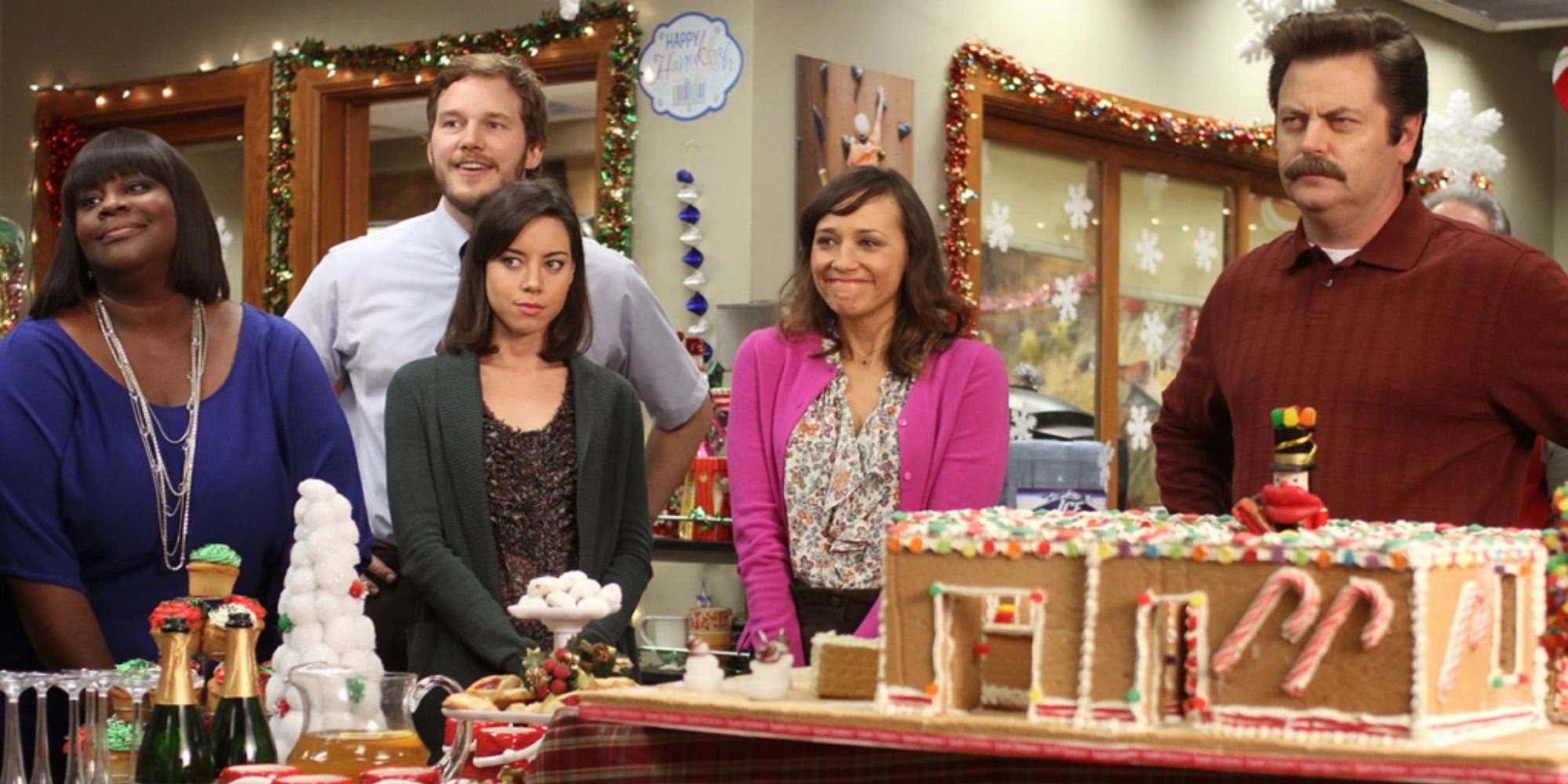 Donna, Andy, April, Ann, and Ron in a Christmas episode of Parks and Recreation