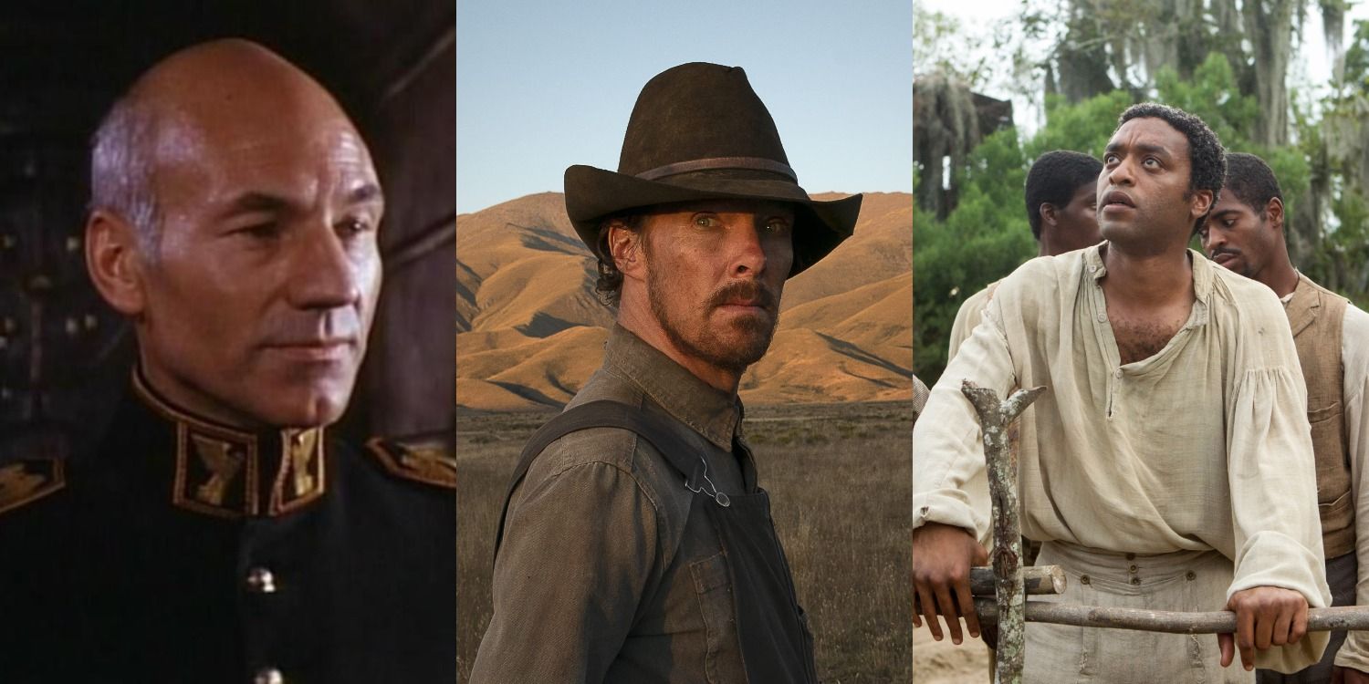 Patrick Steward as Gurney Halleck in Dune, Benedict Cumberbatch as Phil Burbank in The Power of the Dog and Chiwetel Ejiofor as Solomon Northrup in 12 Years A Slave Split Image