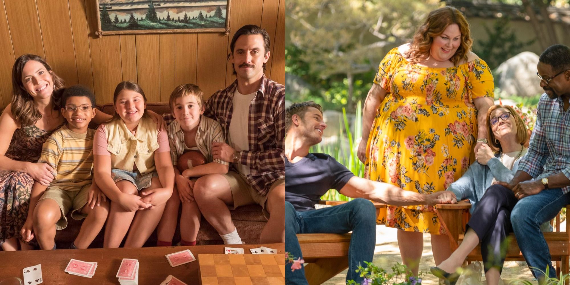 Split image of the young and current Pearsons in This Is Us