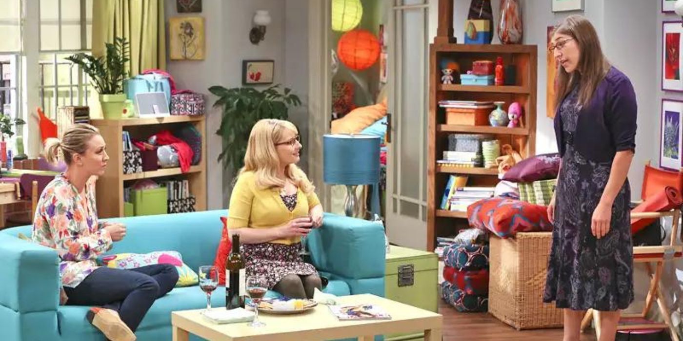 Penny and Bernadette talk to Amy in apartment 4b on TBBT