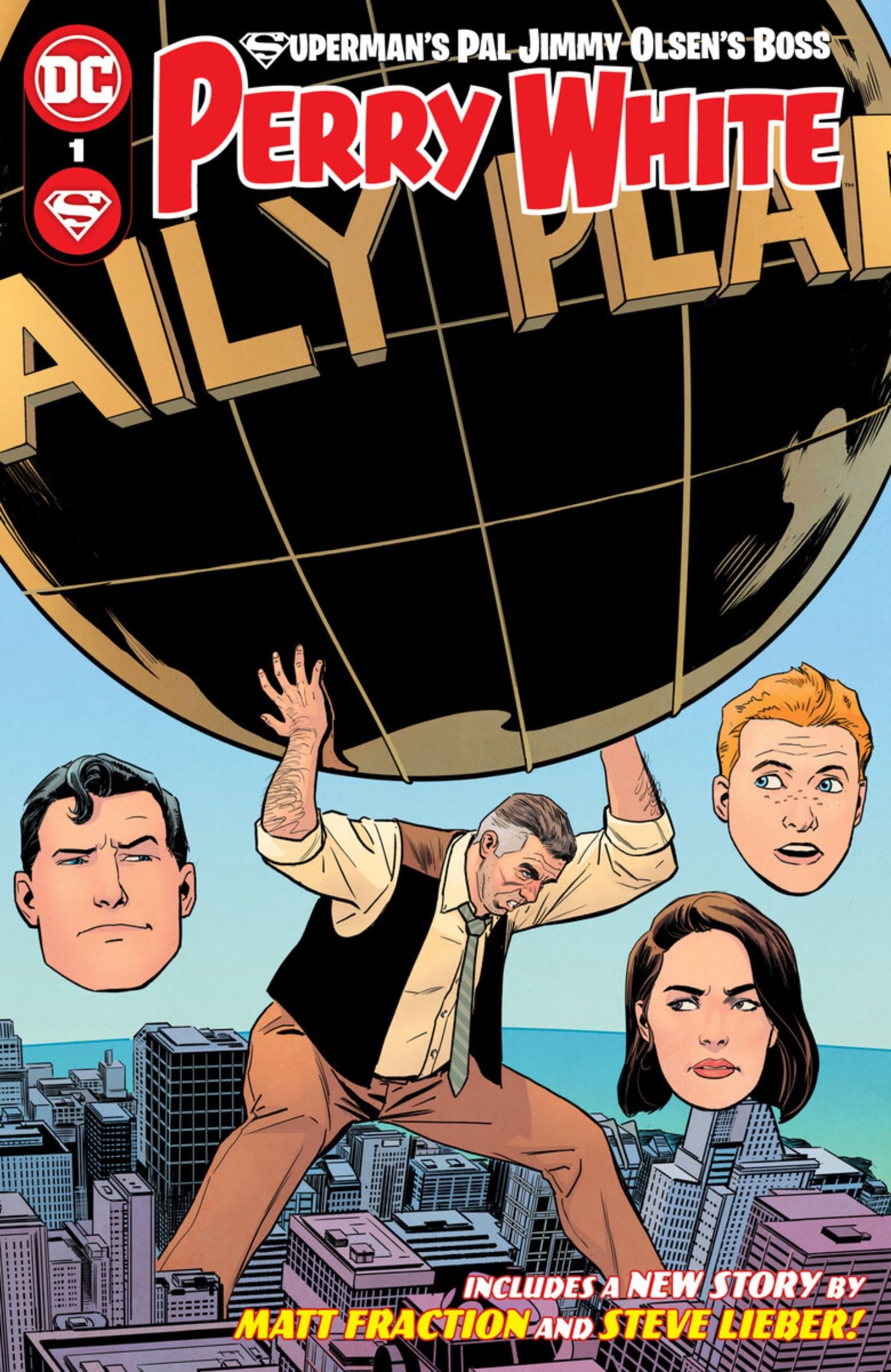 Perry White holding up the Daily Planet globe while Superman, Jimmy and Lois look on