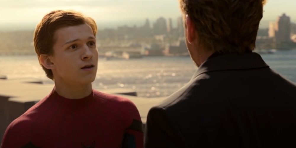 Peter looking scared at Tony in Spider-Man Homecoming