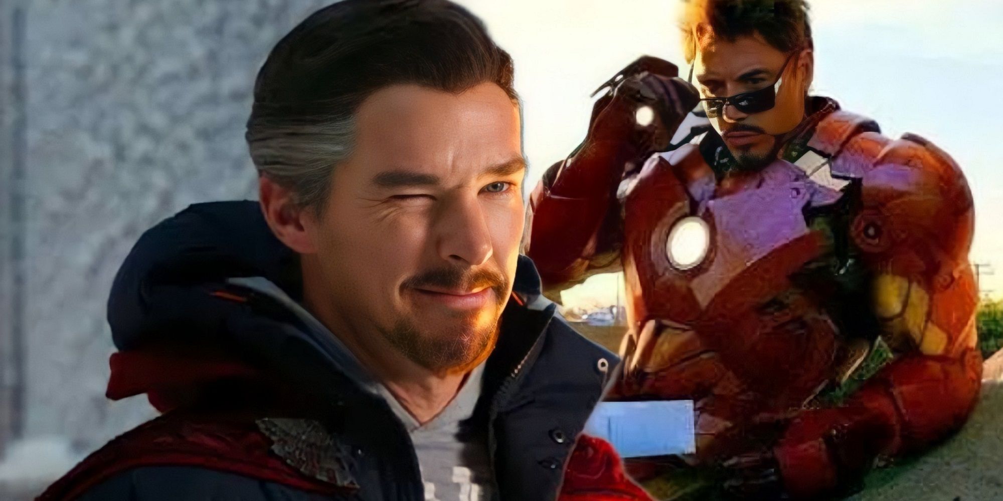 Doctor Strange winking; Tony Stark in his Iron Man Suit