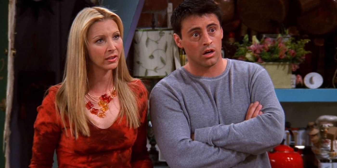 Phoebe ao lado de Joey no apartamento de Monica em Friends