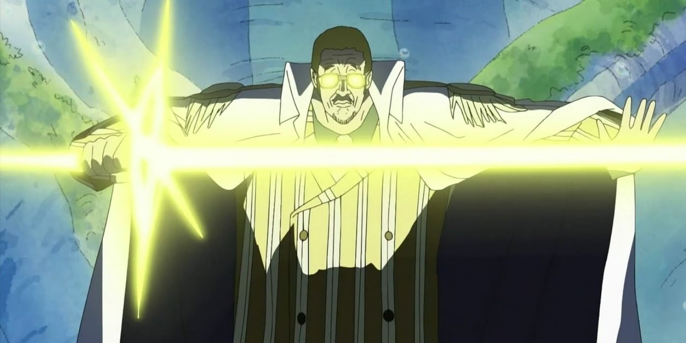 Kizaru using his abilities given by eating the Pika Pika no Mi Devil Fruit in One Piece.