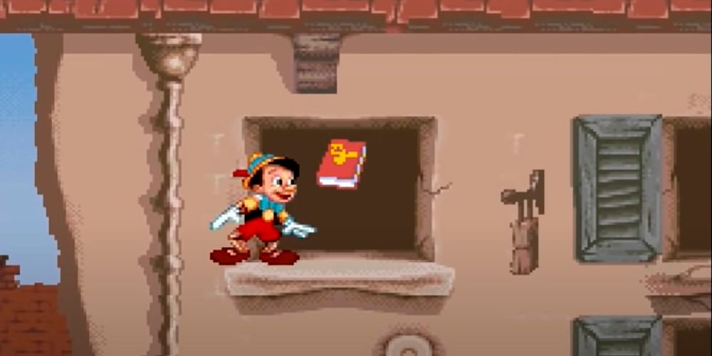 Pinocchio looks at a book in the first level of disneys 1996 Pinocchio game