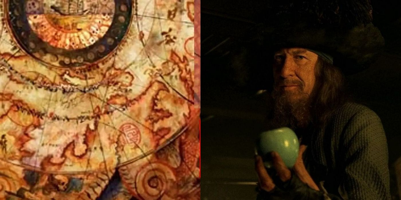 Split image of a map in Pirates of the Caribbean and Barbossa holding a green apple