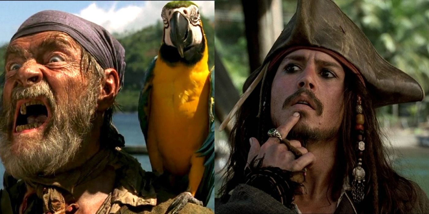 A split image showing Cotton and his parrot on the left and Captain Jack Sparrow on the right from Pirates of the Caribbean