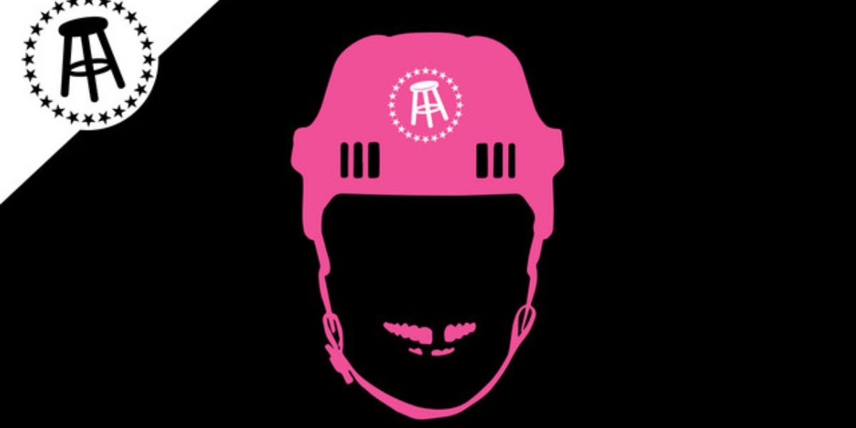 A pink hockey helmet and teeth appear in front of a black background to advertise the Spittin Chiclets podcast