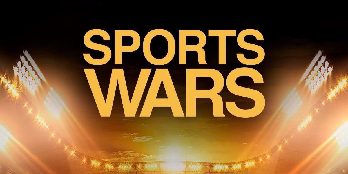 The words Sports Wars appears in front of bright stadium lights