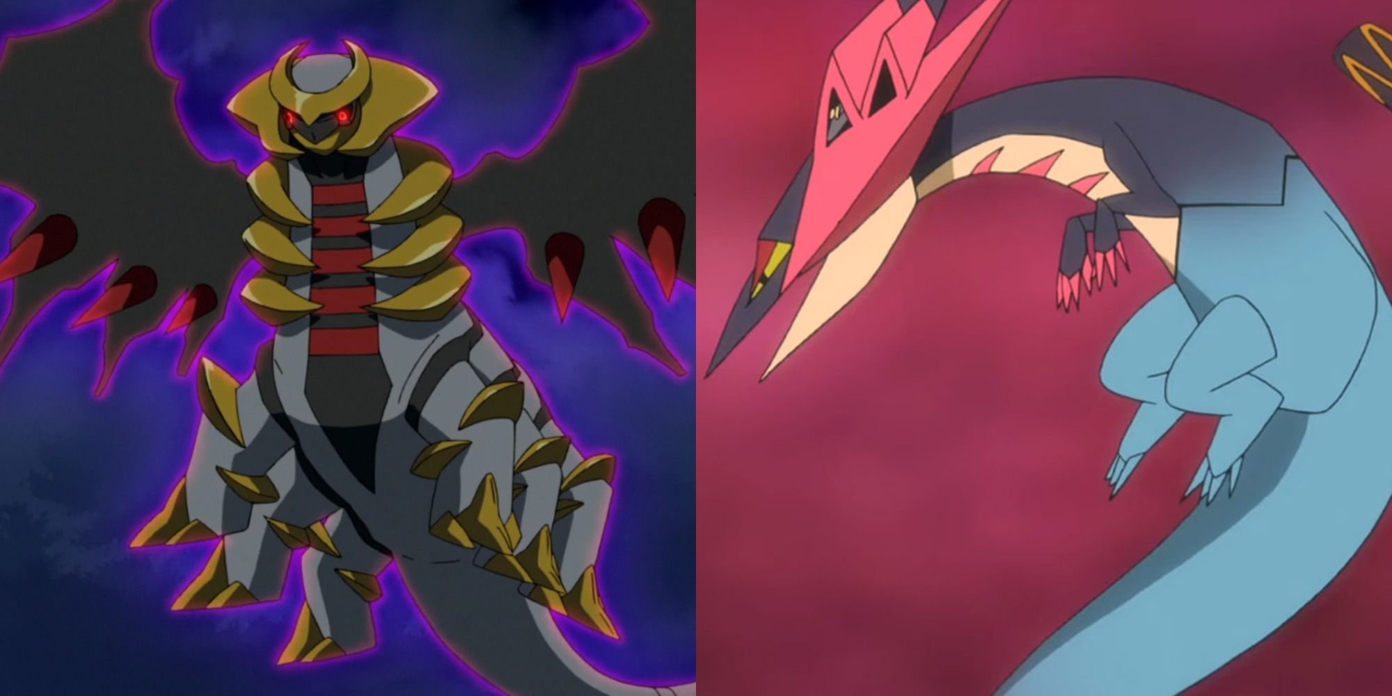Split image showing Giratina and Dragapult in the Pokémon anime.