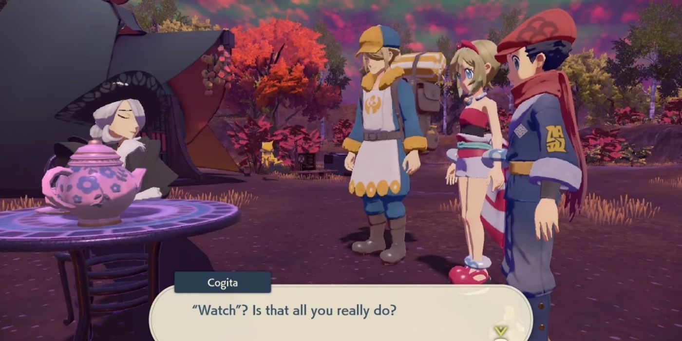 Rei, Irida, and Volo talking to Mistress Cogita in Pokémon Legends Arceus.