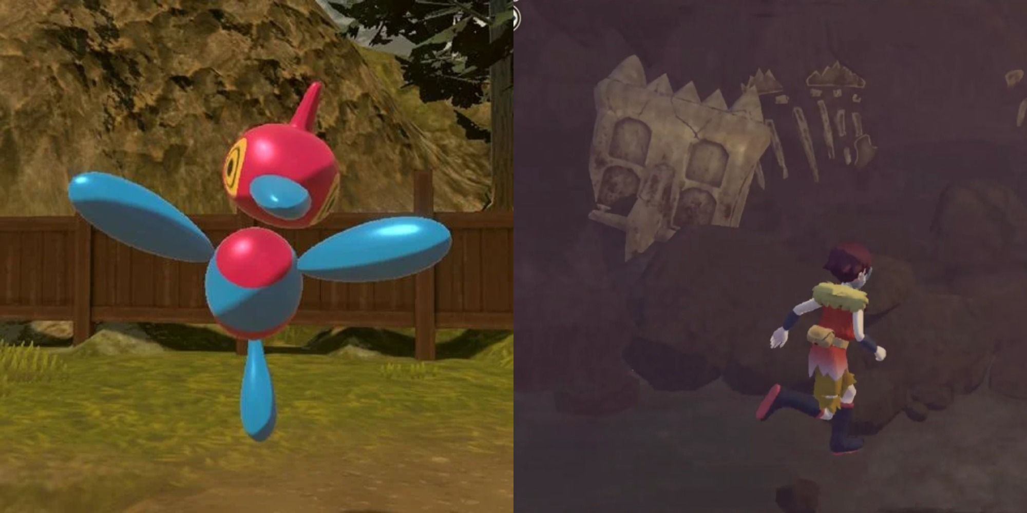 Split image showing Porygon Z and the fossil cave in Pokémon Legends: Arceus.