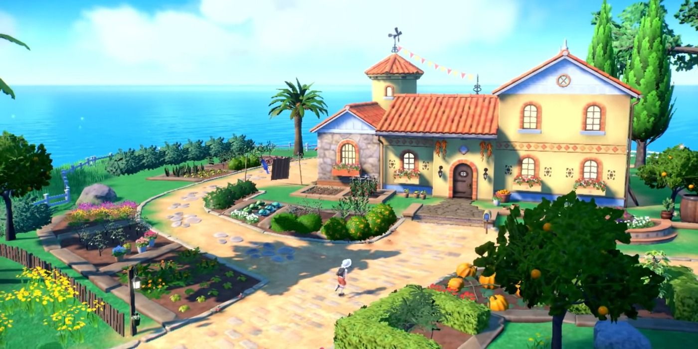 Overhead shot of a town in a tropical setting in Pokémon Scarlet and Violet.