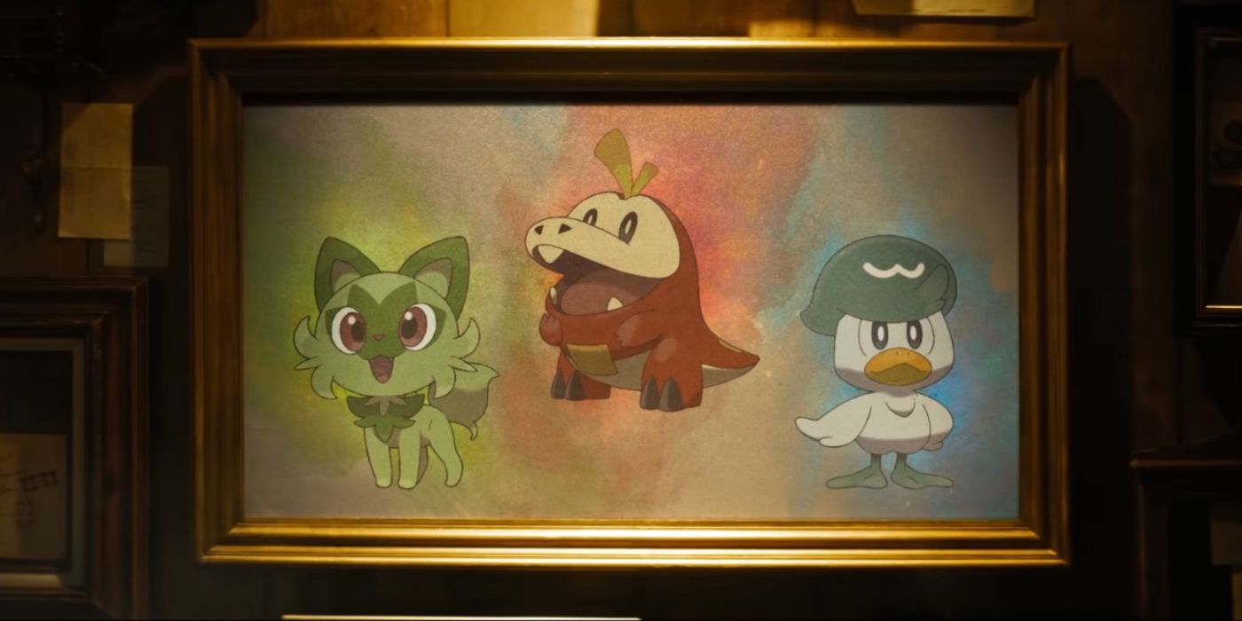 An image of Pokemon Scarlet and Violet's three starter Pokemon in a framed picture. 
