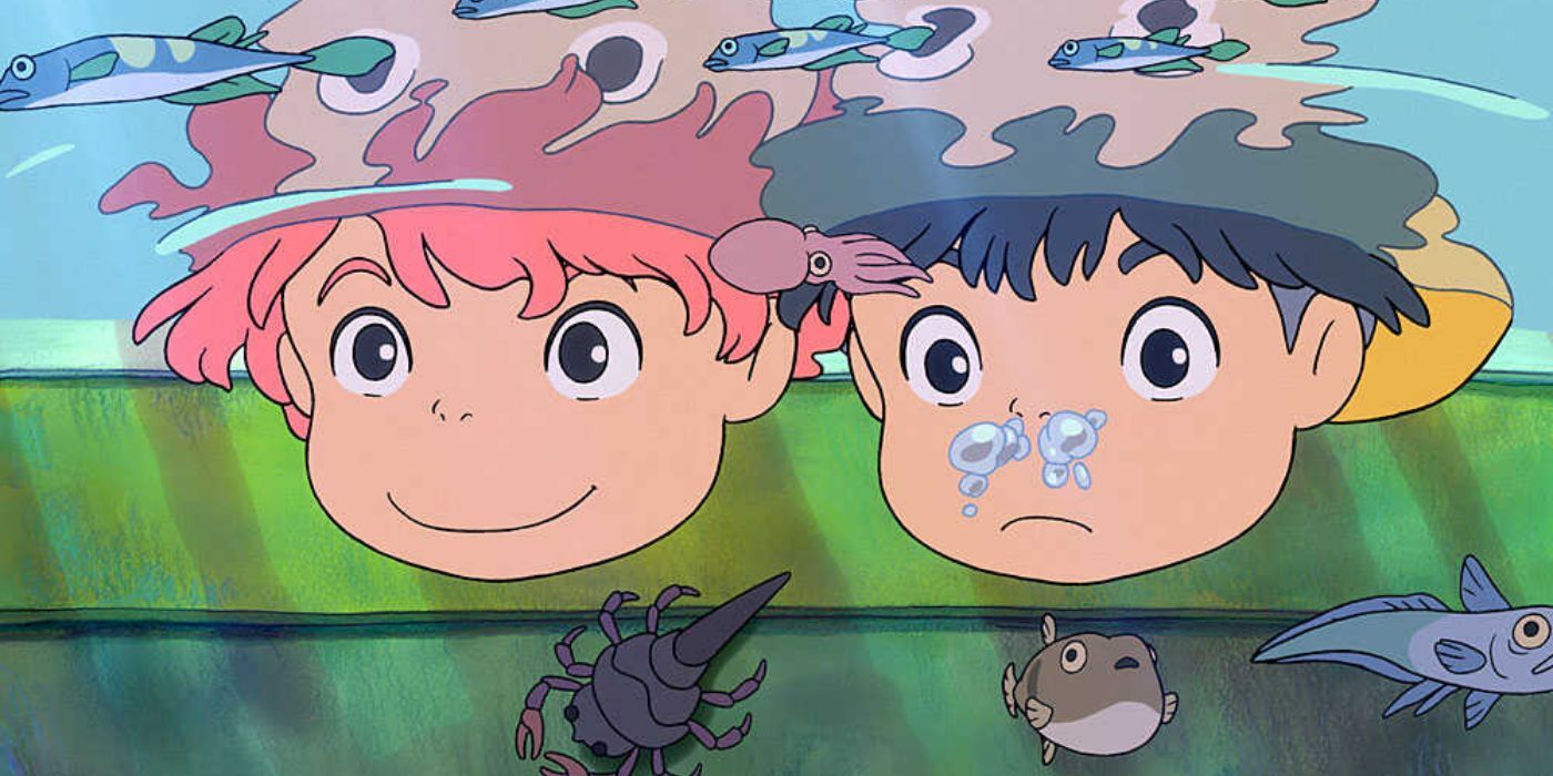 Ponyo and Sosuke with their heads under water with bubbles around Sosuke's nose and none around Ponyo's from the movie Ponyo
