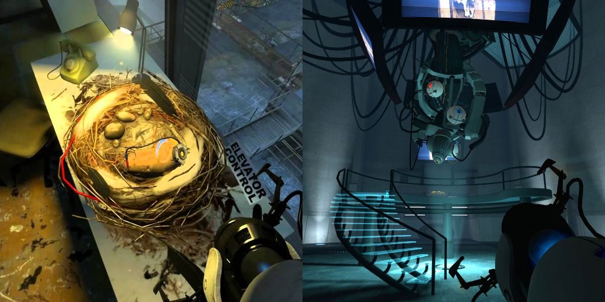 Glados in potato form in Portal 2 and Glados in shadow in Portal 1.