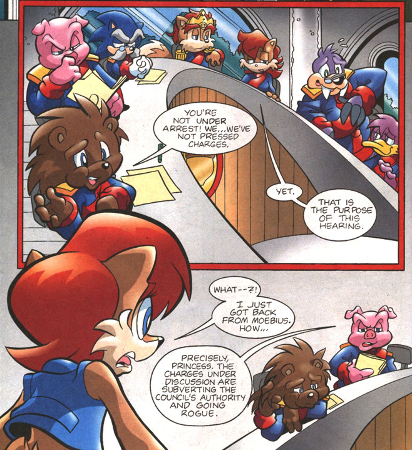 Princess Sally defends herself against the elected council for the Kingdom of Acorn in Sonic the Hedgehog #197.