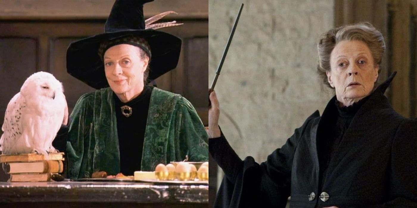 A split image showing McGonagall sitting in the great hall on the left and McGonagall standing with a wand on the right from Harry Potter