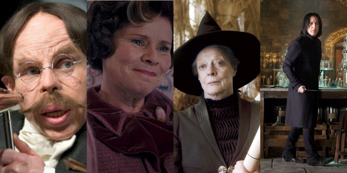 A quad-split image showing, from left to right, Flitwick, Umbridge, McGonagall, and Snape from Harry Potter