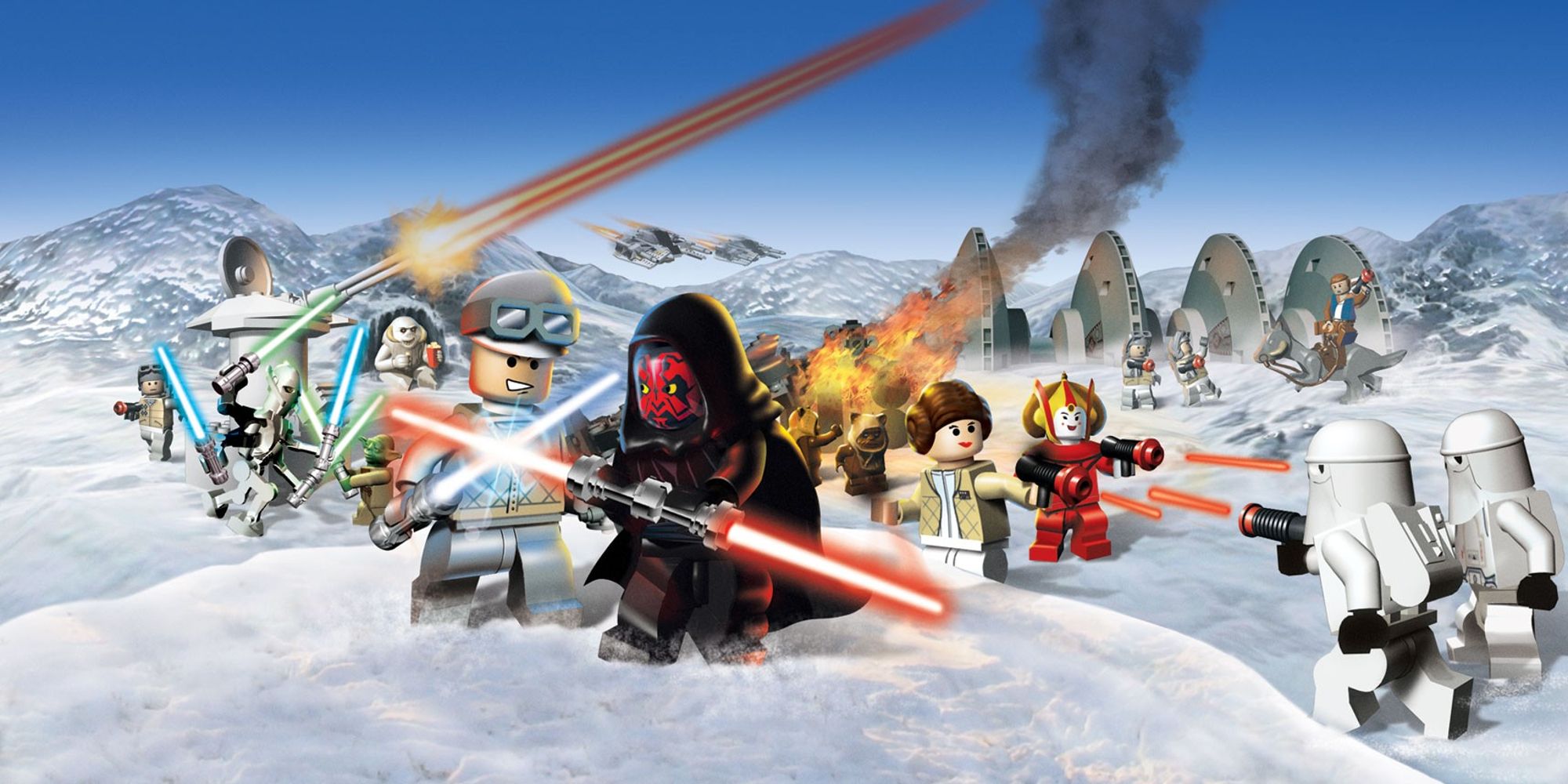 Banner promocional de LEGO Star Wars The Complete Saga, con muchos de los personajes de Hoth.