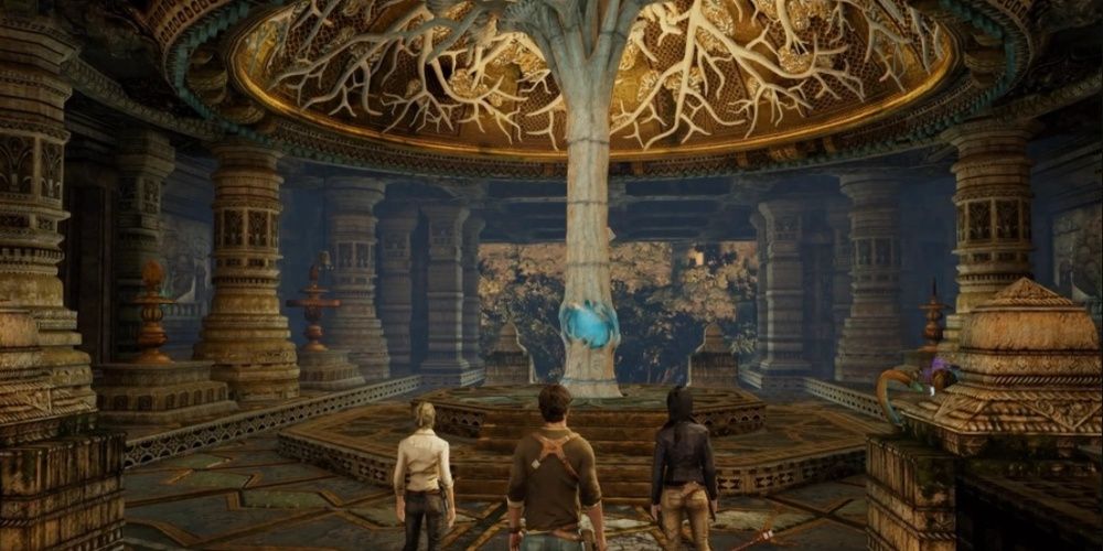 Protagonists look at the tree of life in Uncharted 2 Among Thieves 