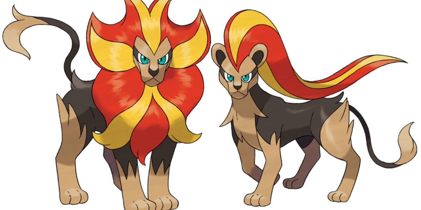 Official art of a male and female Pyroar side by side.