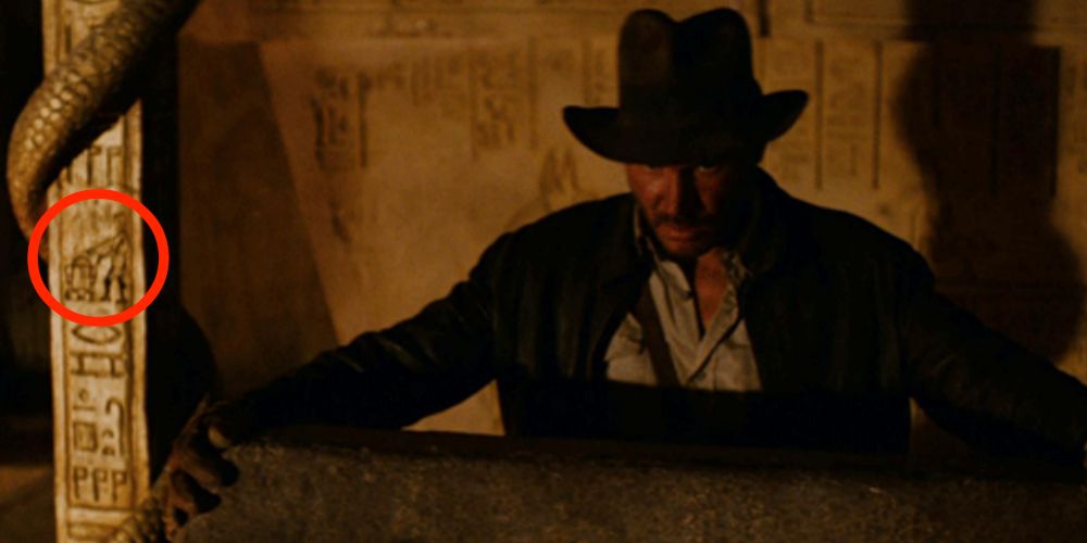 Circled hieroglyphics of R2-D2 and C-3PO next to Harrison Ford's Indiana Jones In the Well of the Souls in Raiders of the Lost Ark