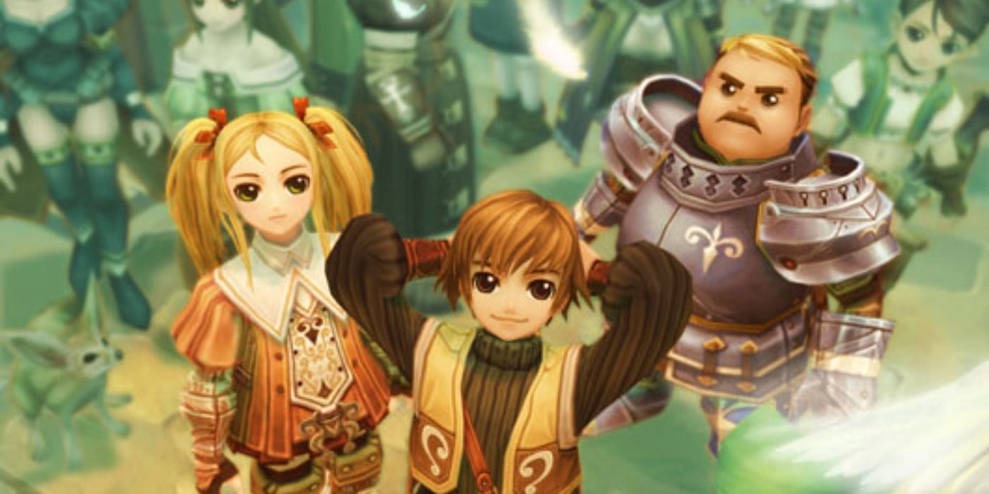 The main cast of Radiata Stories surrounded by the citizens of Radiata City.