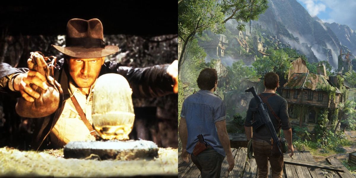 Indiana Jones reaches out for an idol in Raiders of The Lost Ark while Sam and Nathan Drake go on an adventure in Uncharted 4.