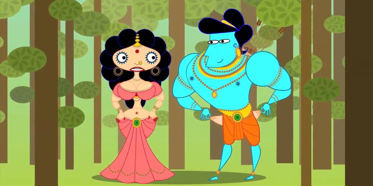 Rama and Sita stand in a forest in Sita Sings The Blues