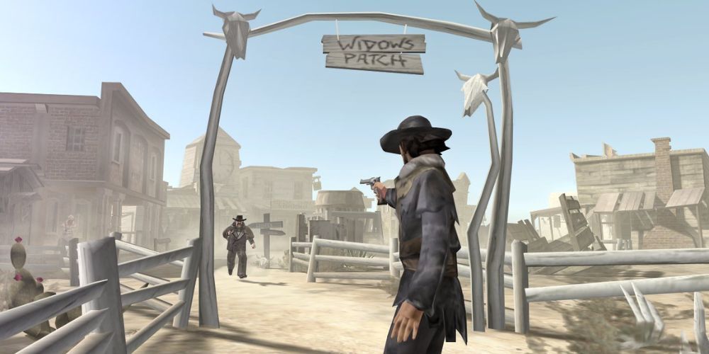 A shootout takes place in a western town in Red Dead Revolver