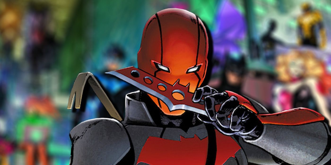 Red Hood holding a batarang in DC Comics.