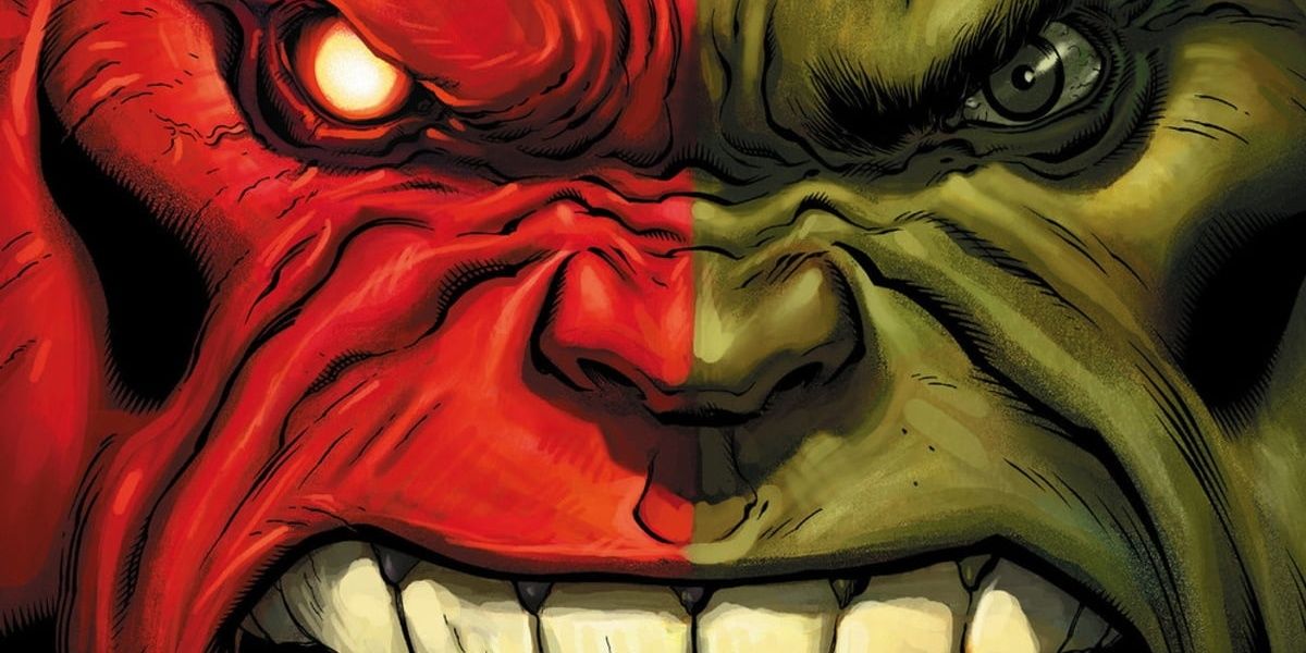 Half Red Hulk, half normal Hulk - both angry.