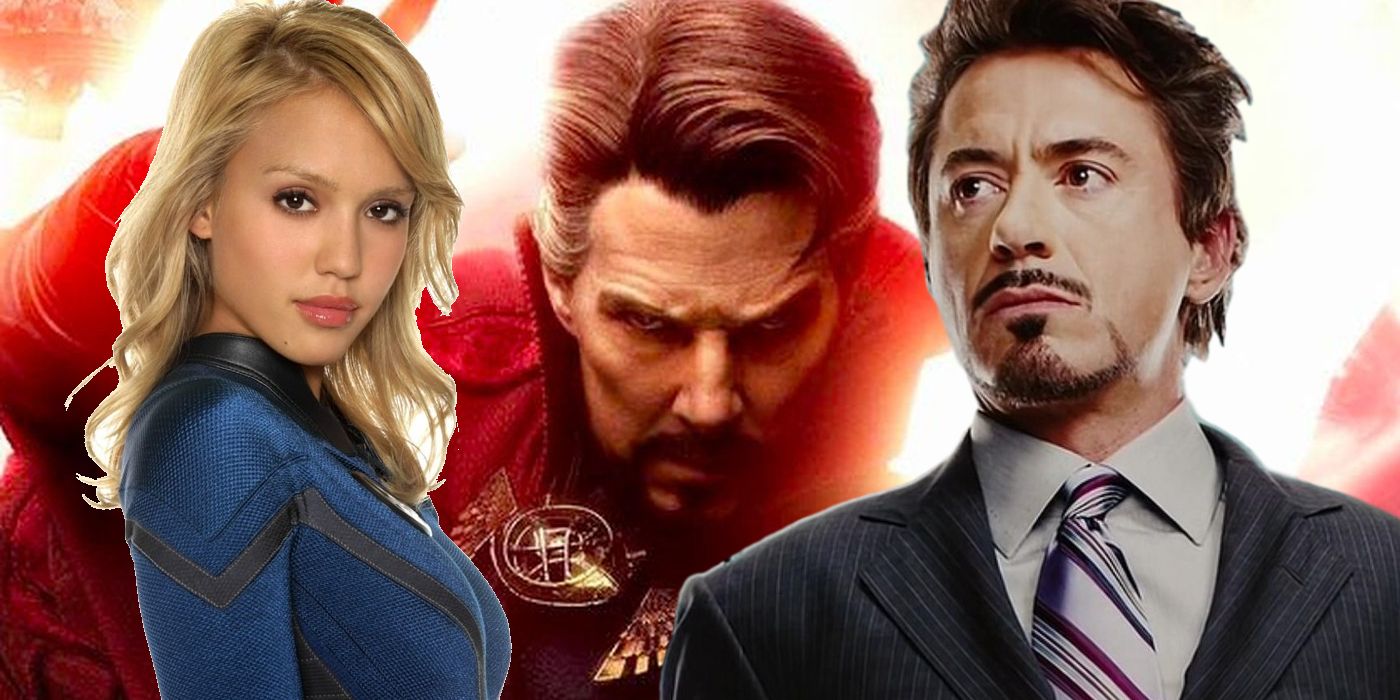 Jessica Alba as Susan Storm, Robert Downey Jr. as Tony Stark, background is Doctor Strange casting spell from poster for Multiverse of Madness