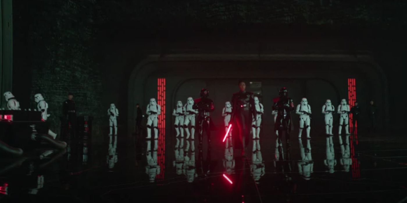 Reva, the Third Sister, backed by stormtroopers and Purge Troopers in Obi-Wan Kenobi