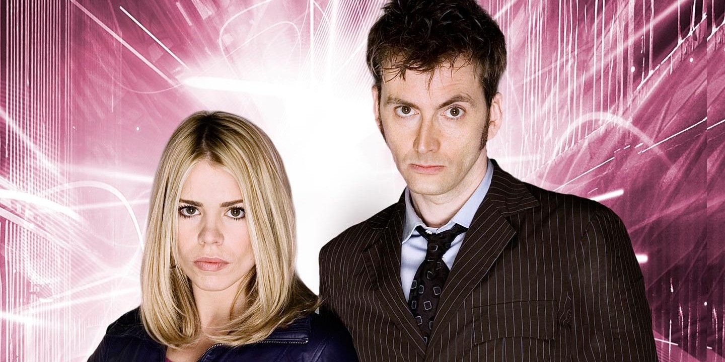 Rose and the Doctor standing in front of purple light in Doctor Who