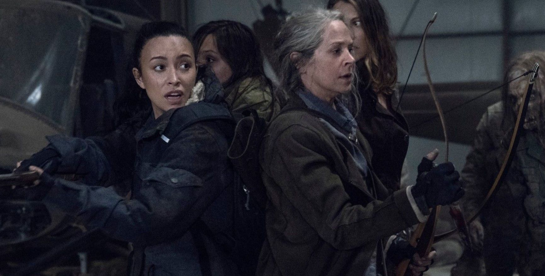 Rosita, Lydia, Carol and Maggie surrounded by walkers in The Walking Dead