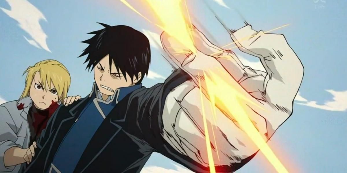 Roy Mustang launches his flame alchemy with Riza Hawkeye's assistance