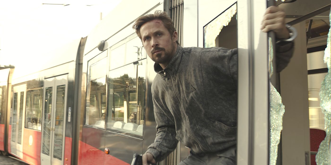 Ryan Gosling gets off a train in The Gray Man