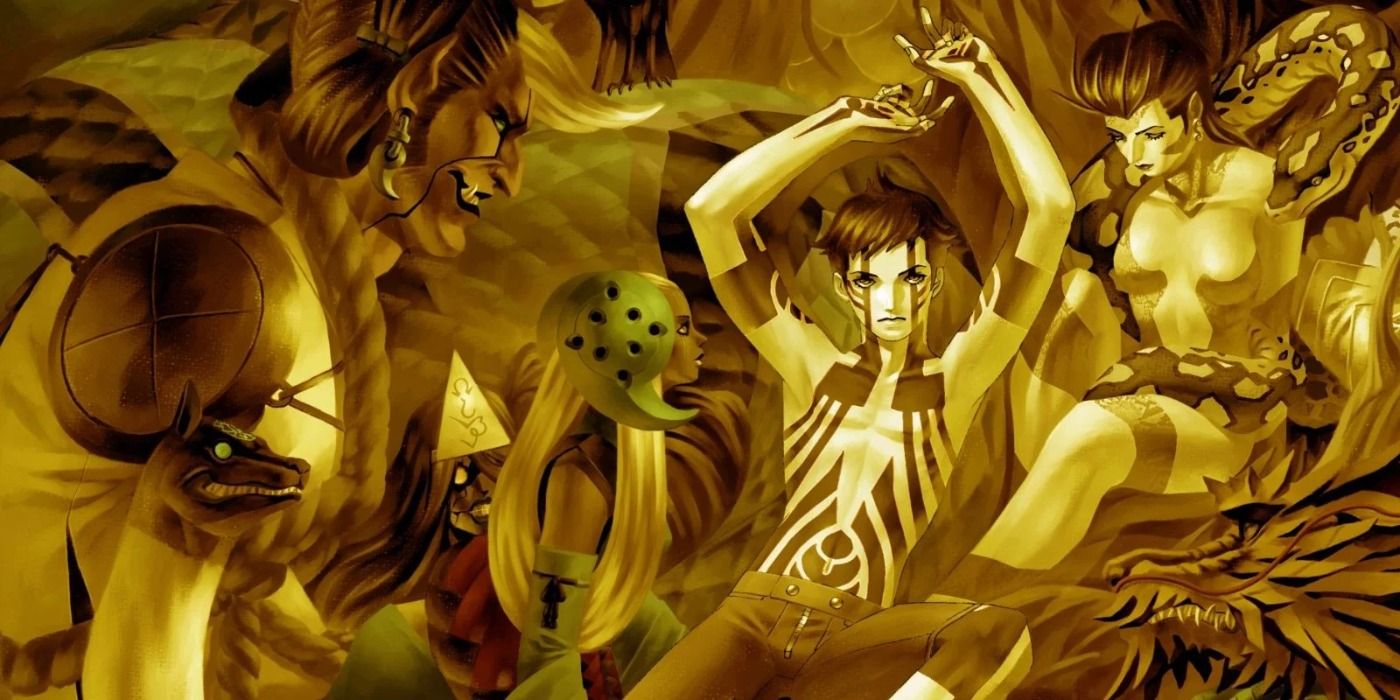 The protagonist surrounded by other demons in gold-themed key art for Shin Megami Tensei III.