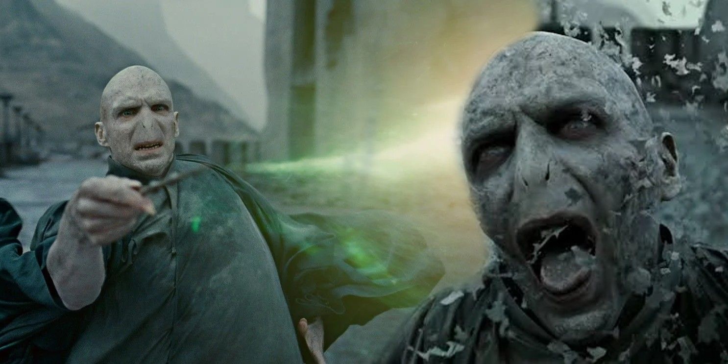 A joined image showing Voldemort battling with Harry and him disintegrating after defeated in Harry Potter
