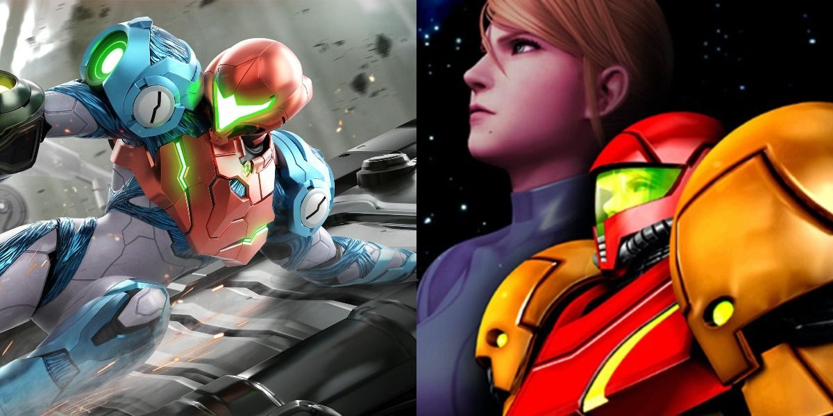 Samus slides on rubble in Metroid Dread whilst Samus emotionally glares at space in Other M.