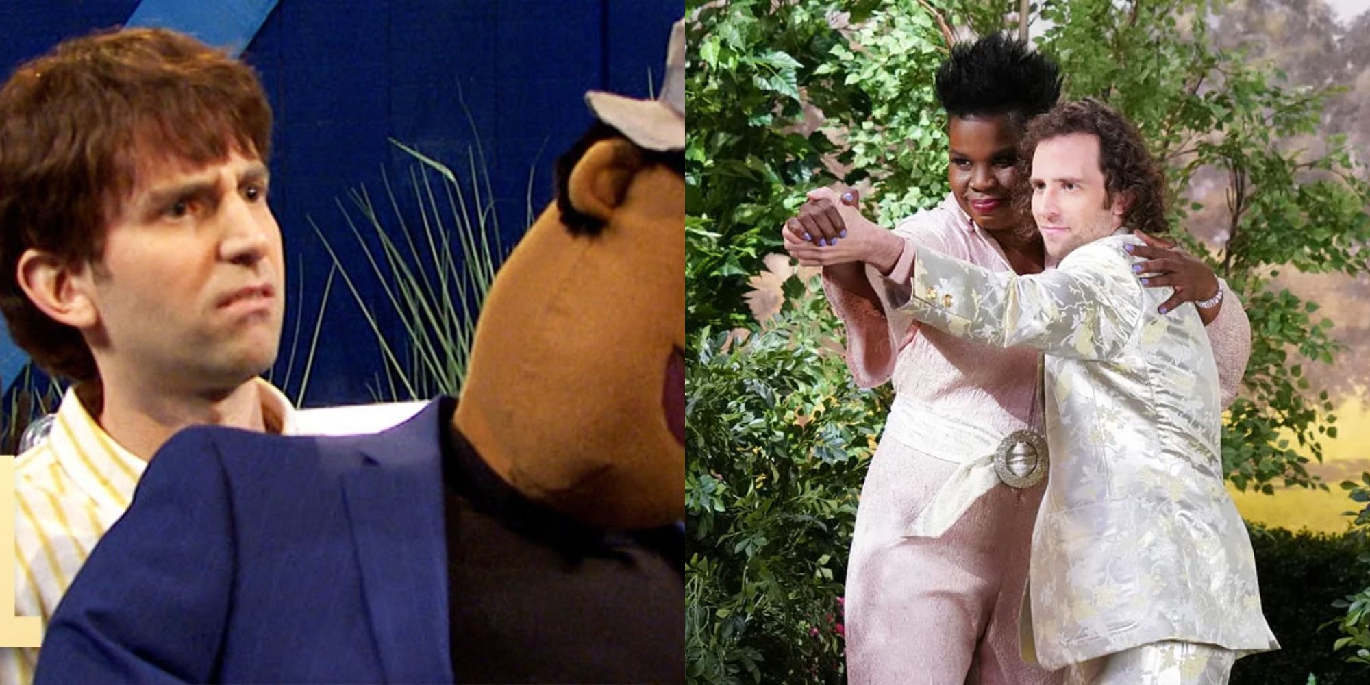 Split image showing Kyle Mooney alone and with Leslie Jones in SNL.