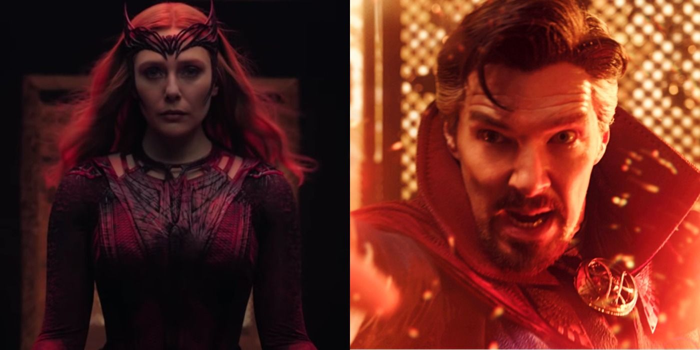 A split image showing the Scarlet Witch and Doctor Stephen Strange in Doctor Strange in the Multiverse of Madness.