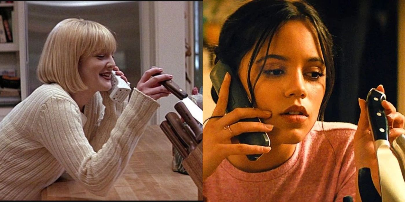 Split image of Casey in Scream (1996) and Tara in Scream (2022) touching knives