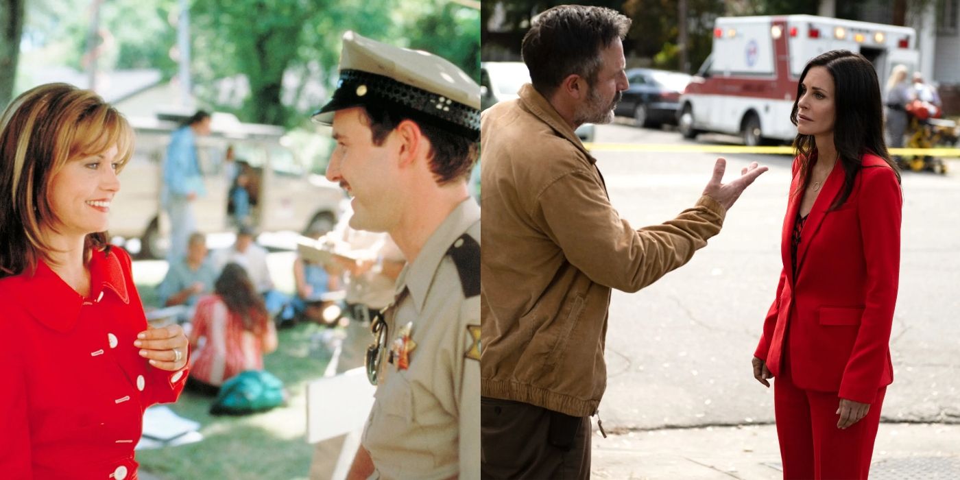 Split image of Gale in a red outfit and Dewey in cop uniform in Scream 1996 and 2022