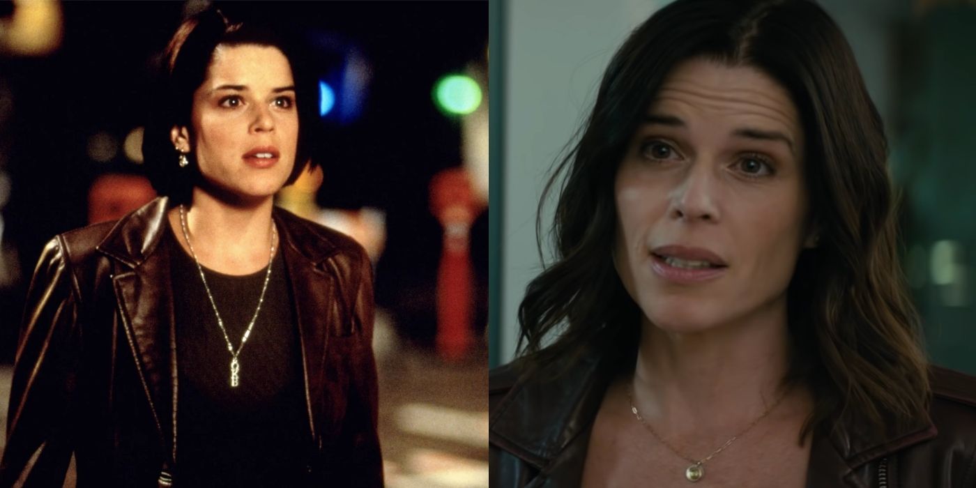 Split image of Sidney in a leather jacket in Scream 2 and Scream (2022)
